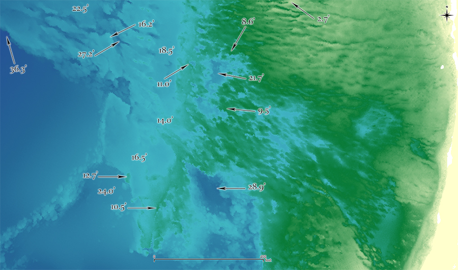 High-resolution zoom of the reef at Sunset Beach, Hawaii, with lidar-derived depths shown for various locations where waves are ridden.